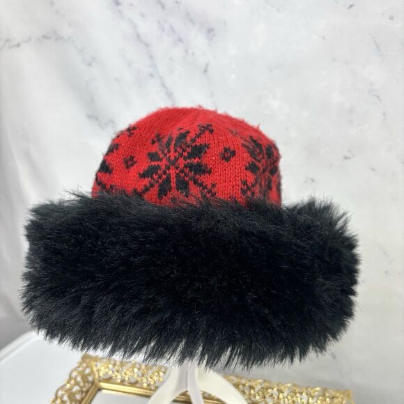 Vintage 70s Knit Russian Hat Women's Nordic Winter Beanie Red Black Faux Fur - Picture 13 of 13
